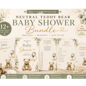 neutral teddy bear baby shower bundle printable, baby shower games, invitation