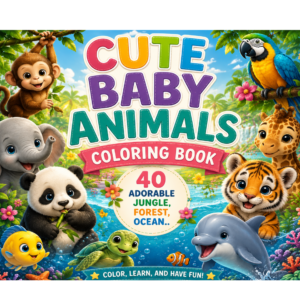 cute baby animals coloring book for kids | 40 printable jungle, forest & ocean animal pages | pdf download