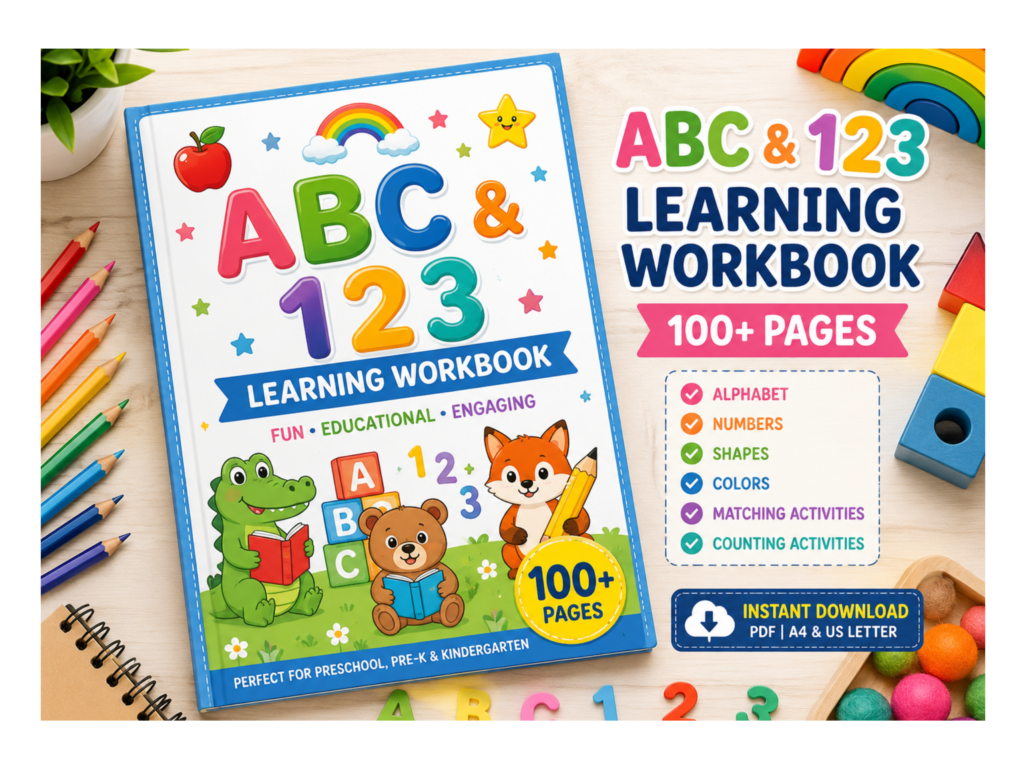 abc & 123 learning workbook for preschoolers, alphabet tracing, numbers 1 20, shapes, colors, matching activities, printable pdf
