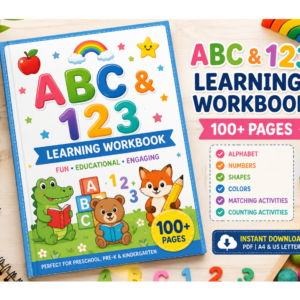 abc & 123 learning workbook for preschoolers, alphabet tracing, numbers 1 20, shapes, colors, matching activities, printable pdf