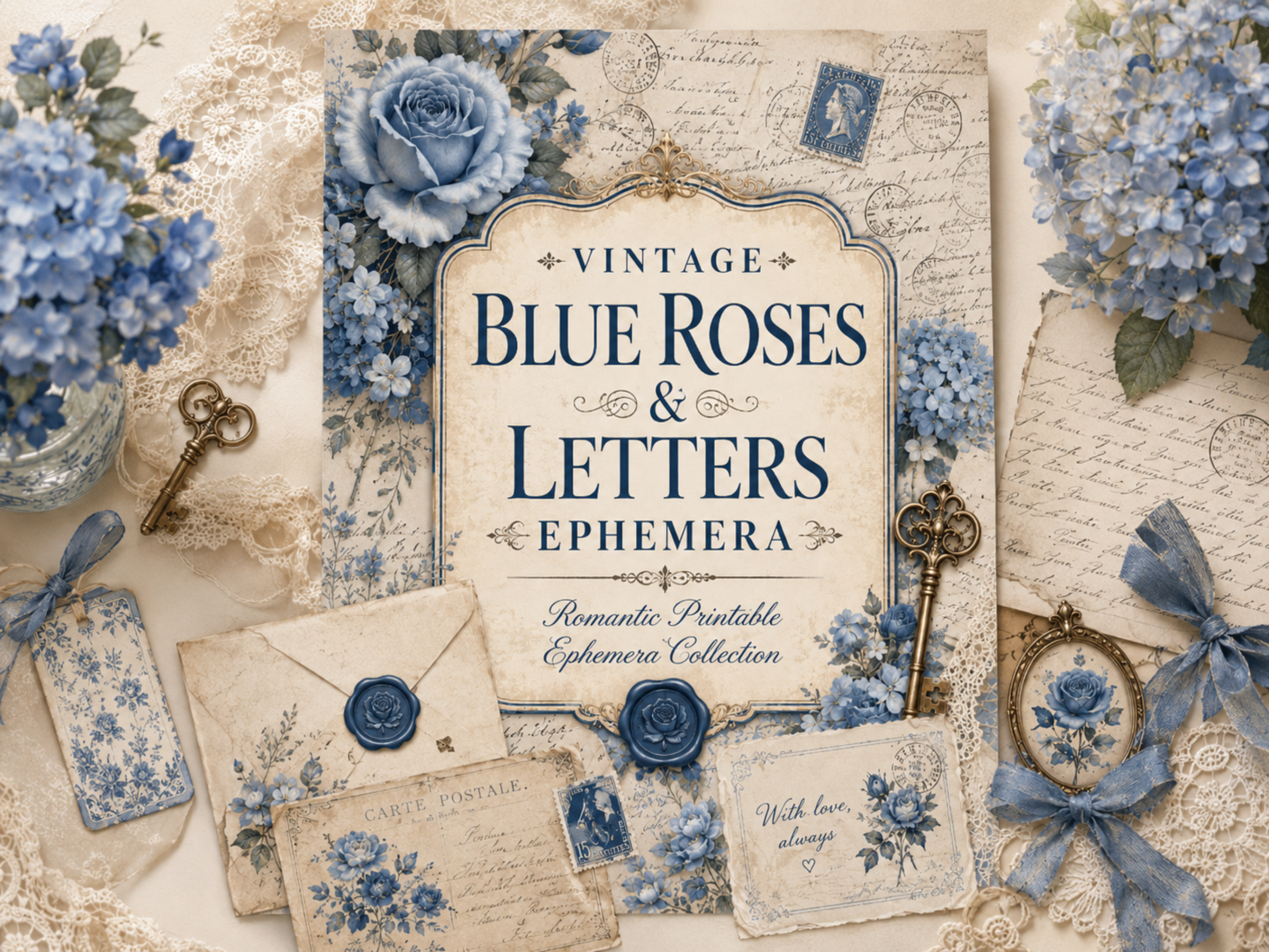 mockup vintage blue roses and letters ephemera mockup vintage blue roses and letters ephemera